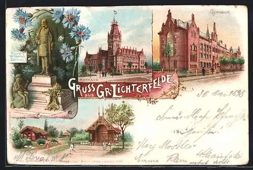 Lithographie Berlin-Gross Lichterfelde, Rathaus, Gymnasium, Terrain Gesellschafts Park, Kaiser Wilhelm Denkmal