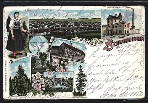 Lithographie Schwenningen / Villingen, Kaiser-Wilhelm-Denkmal, Hölzlekönig, Uhrenfabrik, Bärenbrauerei