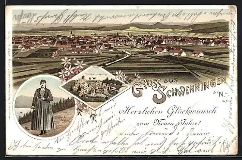 Lithographie Schwenningen a. N., Ortsansicht, Neckarursprung und Schwenninger Tracht