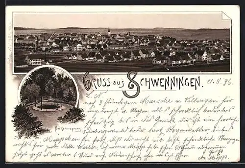 Lithographie Schwenningen / Villingen, Ortsansicht und Neckarursprung