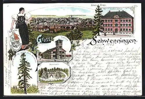 Lithographie Schwenningen / Villingen, Knaben-Schule, Turnhalle, Hölzle-König, Frau in Tracht, Wappen