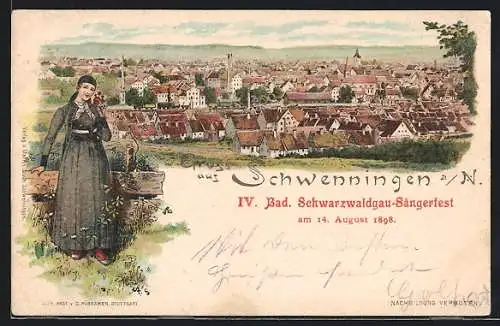 Lithographie Schwenningen a. N., Ortsansicht und Frau in Tracht