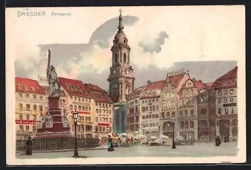 Lithographie Dresden, Altmarkt mit Geschäften