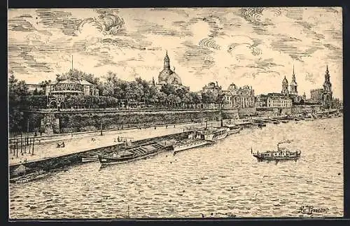 Künstler-AK Dresden, Teilansicht mit Dampfschiff auf der Elbe und Blick zur Brühl'schen Terrasse