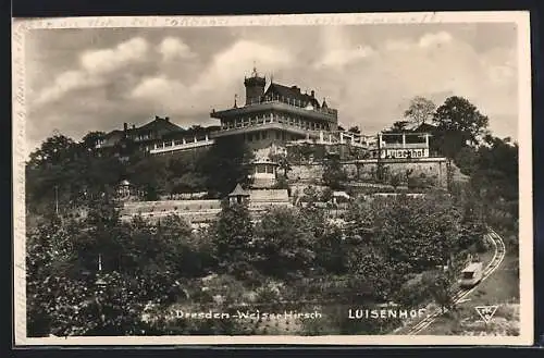 AK Dresden-Weiser Hirsch, Blick auf den Luisenhof mit Bergbahn