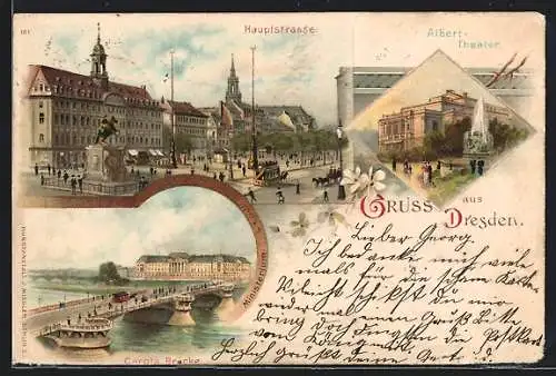 Vorläufer-Lithographie Dresden, 1893, Carola-Brücke, Hauptstrasse, Albert-Theater