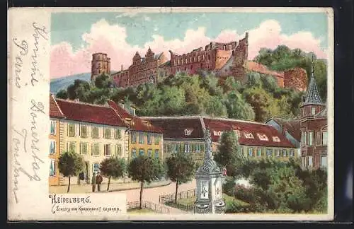 Lithographie Heidelberg, Schloss vom Kornmarkt aus gesehen
