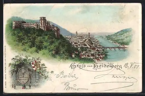 Lithographie Heidelberg, Ortsansicht mit Heidelberger Schloss und das grosse Fass