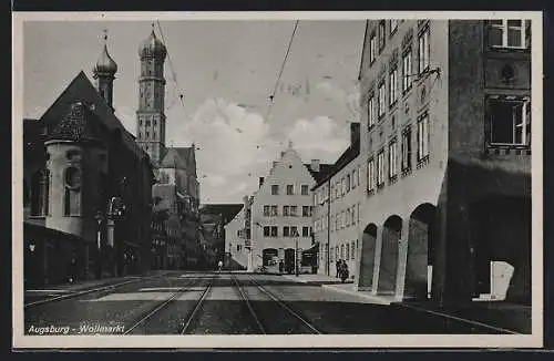 AK Augsburg, Strassenbahntrassen am Wollmarkt