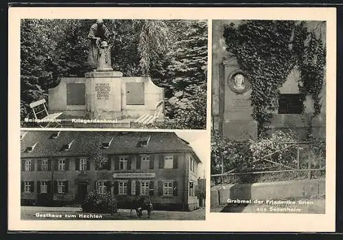 AK Meissenheim, Gasthaus Zum Hechten, Grabmal der Friederike Brion aus Sesenheim, Kriegerdenkmal