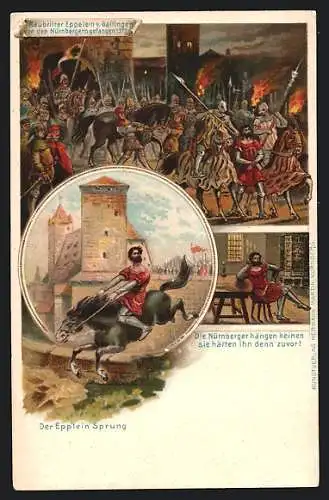AK Sage vom Raubritter Eppelein von Gailingen, Eppelein flieht auf einem Pferd vor den Nürnbergern