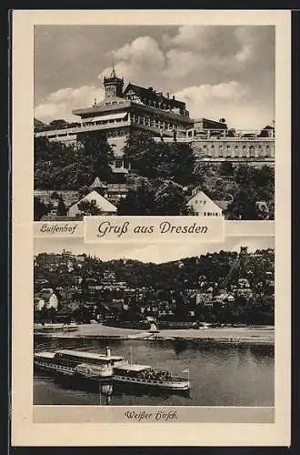AK Dresden-Weisser Hirsch, Gasthaus Luisenhof, Dampfer auf der Elbe