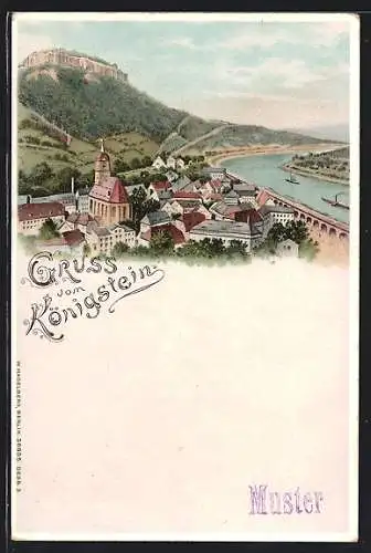 Lithographie Königstein / Elbe, Ortsansicht mit Festung