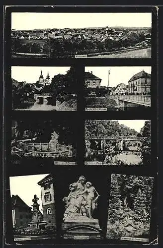 AK Donaueschingen, Panorama, Leopoldsbrücke, Donauquelle