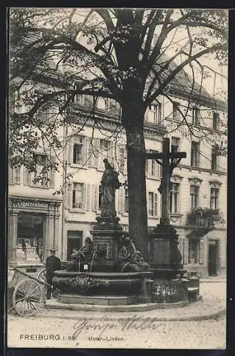 AK Freiburg i. Br., Unter-Linden mit Gasthaus zur Linde und Cigarrenhaus