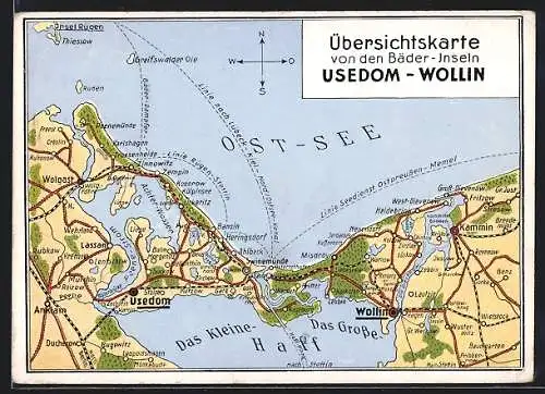 AK Wollin, Übersichtskarte von den Bäder-Inseln, Usedom-Wollin