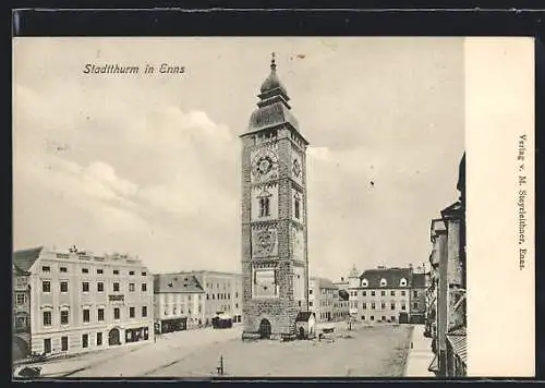 AK Enns, Stadtplatz mit Stadtturm