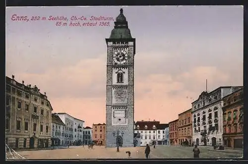 AK Enns /Ob.-Oe, Stadtplatz mit Stadtturm