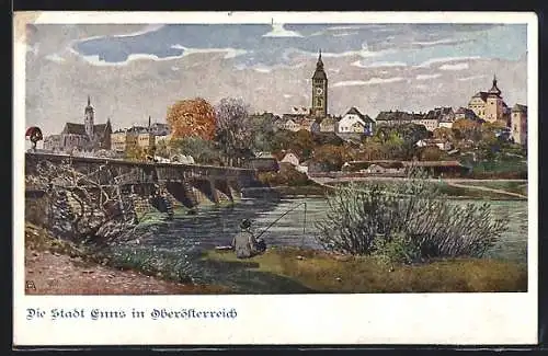 Künstler-AK Enns, Ortsansicht mit Brücke