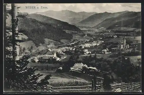 AK Weyer a. Enns, Gesamtansicht mit Bergen aus der Vogelschau