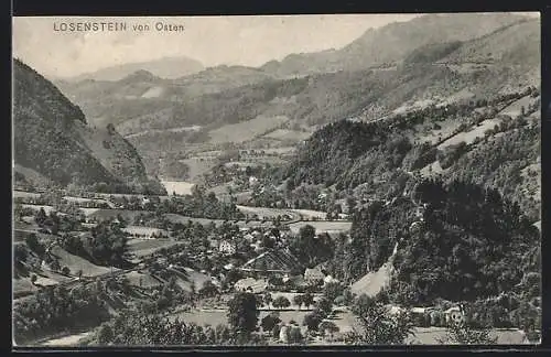 AK Losenstein, Ortsansicht mit Wald und Bergen