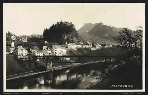 AK Losenstein, Ortsansicht mit Burgruine und Brücke