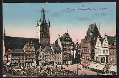 AK Trier, Hauptmarkt mit Gangolfsturm und Rotes Haus