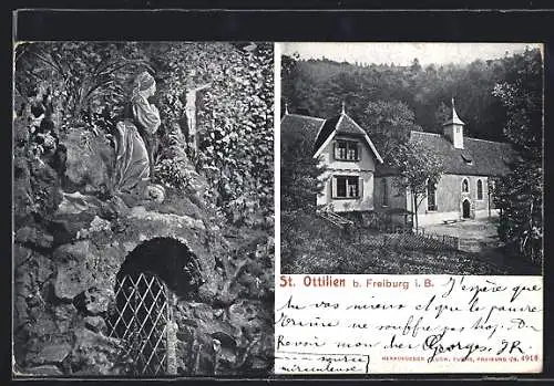 AK Freiburg / Breisgau, Kirche St. Ottilien und Marien-Grotte