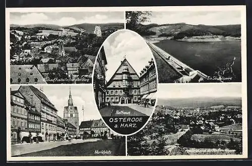 AK Osterode a. Harz, Blick auf Freiheit mit der alten Burg, Markt, Sösetalsperre, Rathaus