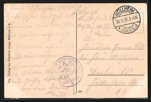 AK Müllheim i. B., Blick auf den Ort mit zwei Kirchen