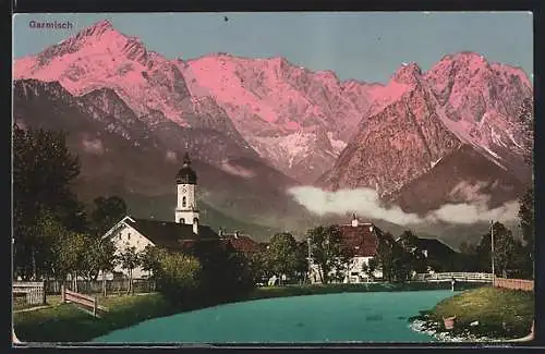 AK Garmisch, Kirchenansicht am Wasser