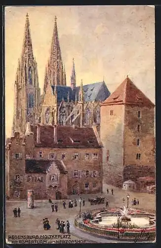 AK Regensburg, Moltkeplatz mit Römerturm & Herzogshof