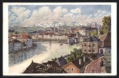 Künstler-AK Steyr, Teilansicht mit Brücke