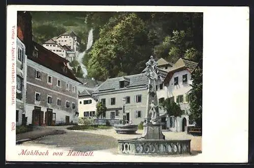 AK Hallstatt, Café zum Mühlbach mit Denkmal und Brunnen