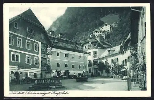 AK Hallstatt, Salzkammergut, Hauptplatz mit Denkmal