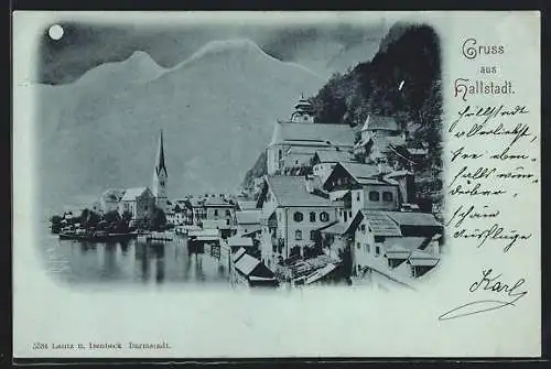 Mondschein-AK Hallstatt, Uferpartie mit Kirche