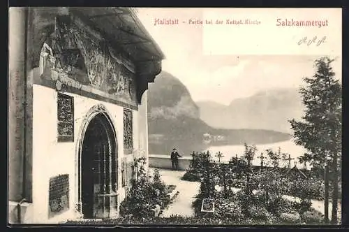 AK Hallstatt, Salzkammergut, Partie bei der Katholischen Kirche