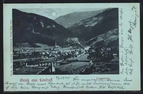 Mondschein-AK Landeck, Totalansicht mit Viadukt im Tal