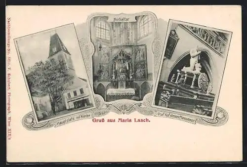 AK Maria Laach, Hauptplatz mit Kirche, Hochaltar, Graf Kufsteiner Monument