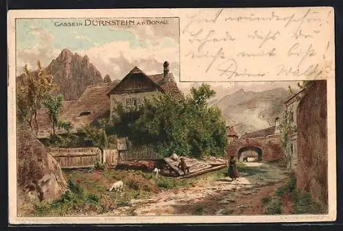 Lithographie Dürnstein a. d. Donau, Ortspartie mit Tor