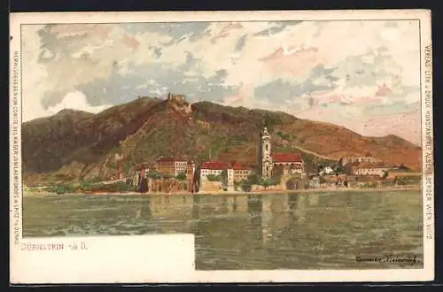 Künstler-AK Dürnstein a.d. Donau, Blick zum Ort vom Ufer aus