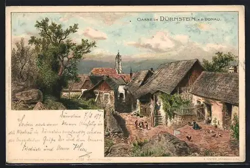 Lithographie Dürnstein /Donau, Blick in die Gasse