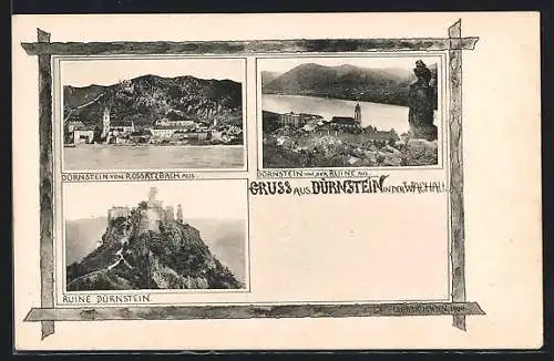 AK Dürnstein i. d. Wachau, Ruine, Ortsansicht aus der Vogelschau