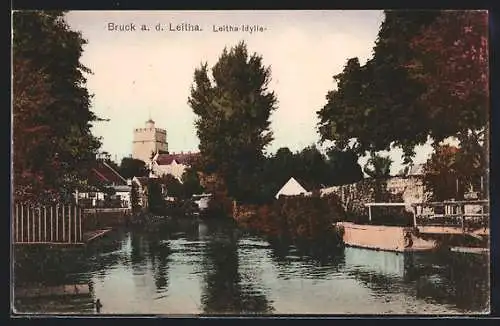 AK Bruck a. d. Leitha, Leithapartie mit Burg