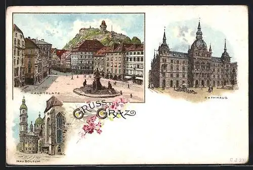 Lithographie Graz, Hauptplatz, Rathaus, Mausoleum