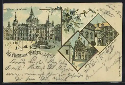 Lithographie Graz, Hauptplatz mit Rathaus, Hof im Landhaus, Mausoleum