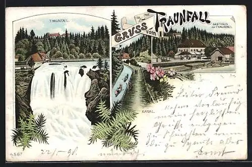 Lithographie Traunfall, Partie mit dem Gasthaus am Traunfall, Kanal & Wasserfall