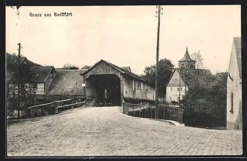 AK Buchfart, Ortspartie an einer alten überdachten Brücke