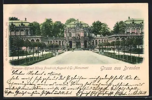 AK Dresden, Zwinger-Hof mit König Friedrich August d. G.-Monument