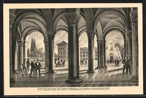 Künstler-AK München, Jubiläumspostkarte 100 Jahre Universität, Studenten in der Vorhalle